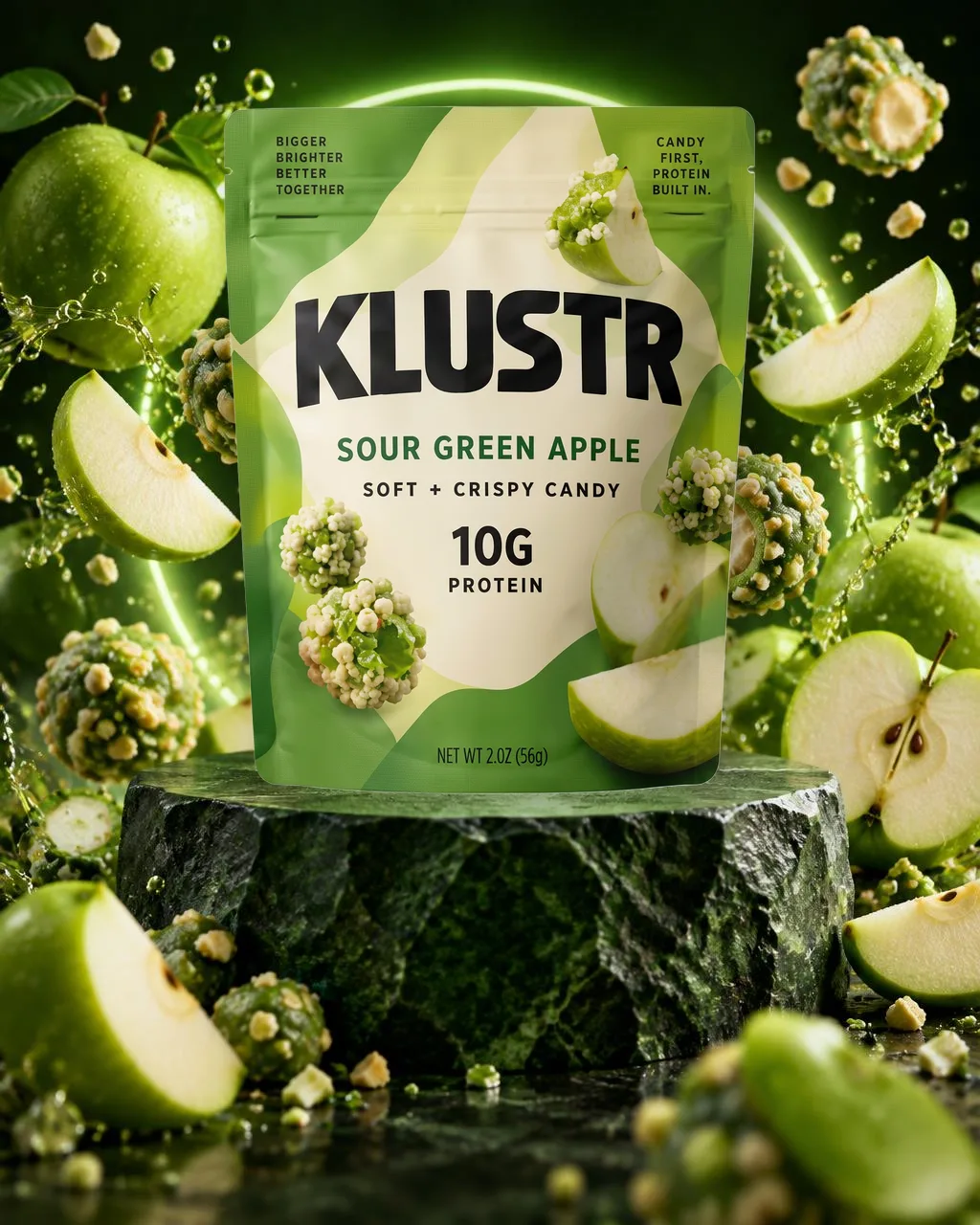 KLUSTR Sour Green Apple concept pouch on a textured green stone podium, framed by a neon arc, whole and sliced green apples, green-and-cream candy clusters and flying crumbs